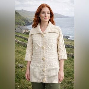 Inis Crafts Womens Cardigan Sz Medium Cream Merino Wool Irish Sweater Aran Knit